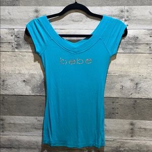 Bebe cap sleeve rhinestone logo shirt - blue